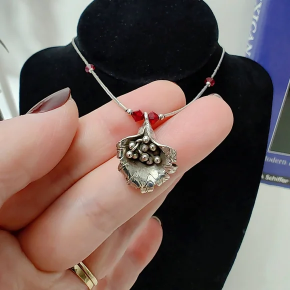 Southwestern Sterling Squash Blossom Liquid Silver Red Crystal Bead Necklace 16" - Picture 5 of 14